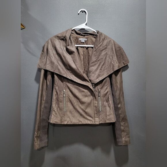 Vince Brown Leather Wool Cotton Blend Drape Neck Moto Jacket Sz S - Picture 1 of 12